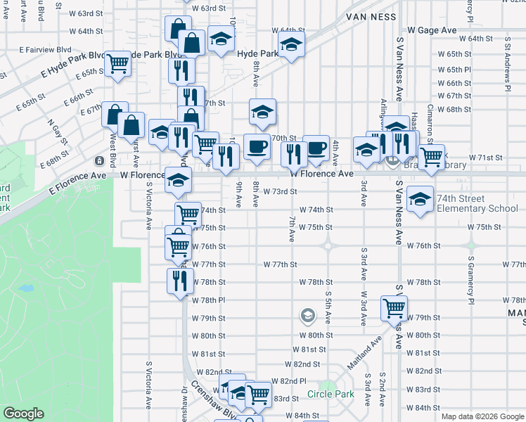 map of restaurants, bars, coffee shops, grocery stores, and more near 3019 West 75th Street in Los Angeles
