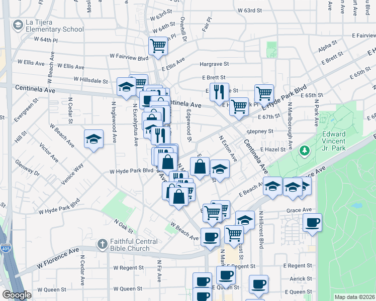 map of restaurants, bars, coffee shops, grocery stores, and more near 226 East Hyde Park Boulevard in Inglewood