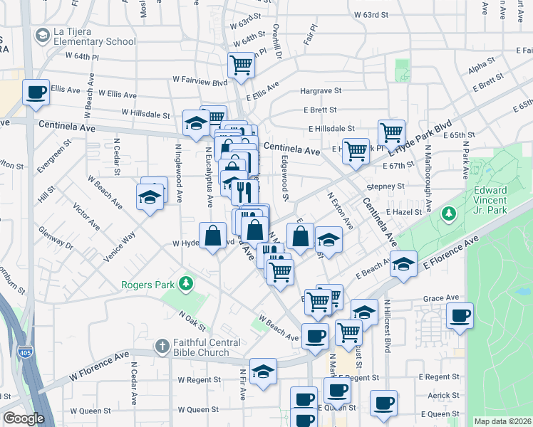 map of restaurants, bars, coffee shops, grocery stores, and more near 200 East Hyde Park Boulevard in Inglewood