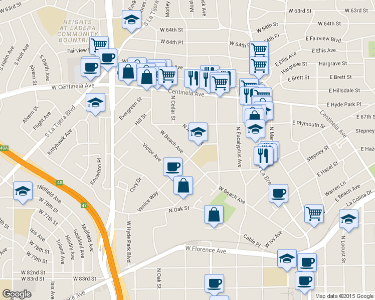 map of restaurants, bars, coffee shops, grocery stores, and more near 502 Venice Way in Inglewood