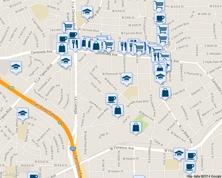 map of restaurants, bars, coffee shops, grocery stores, and more near 815 Victor Avenue in Inglewood
