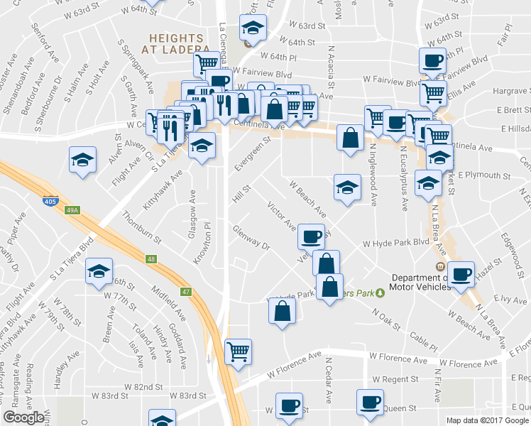 map of restaurants, bars, coffee shops, grocery stores, and more near 875 Glenway Drive in Inglewood