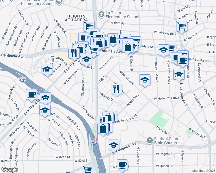 map of restaurants, bars, coffee shops, grocery stores, and more near 875 Glenway Drive in Inglewood