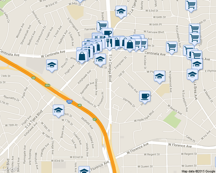 map of restaurants, bars, coffee shops, grocery stores, and more near 7106 Knowlton Place in Los Angeles