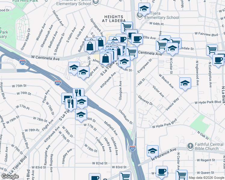 map of restaurants, bars, coffee shops, grocery stores, and more near 7144 Ramsgate Avenue in Los Angeles