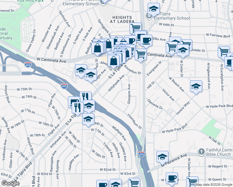 map of restaurants, bars, coffee shops, grocery stores, and more near 7144 Ramsgate Avenue in Los Angeles