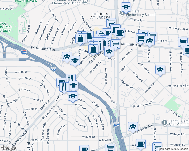 map of restaurants, bars, coffee shops, grocery stores, and more near 7144 Ramsgate Avenue in Los Angeles
