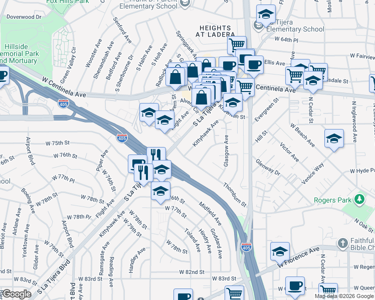 map of restaurants, bars, coffee shops, grocery stores, and more near 5419 1/2 Thornburn Street in Los Angeles