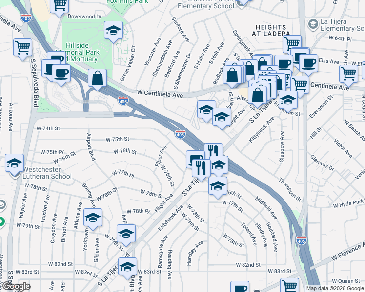 map of restaurants, bars, coffee shops, grocery stores, and more near 5736 West 74th Street in Los Angeles