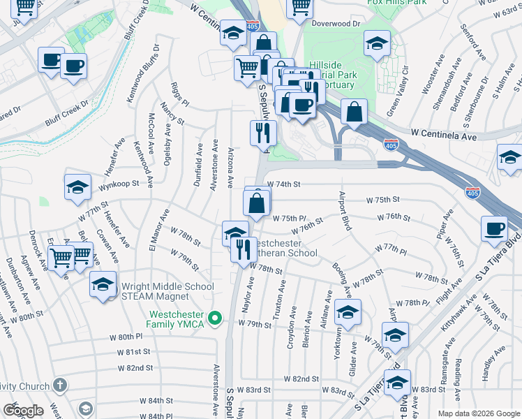 map of restaurants, bars, coffee shops, grocery stores, and more near 6144 West 75th Place in Los Angeles