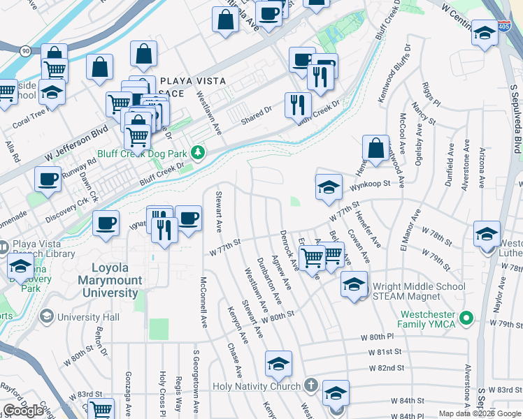 map of restaurants, bars, coffee shops, grocery stores, and more near 7530 Dunbarton Avenue in Los Angeles