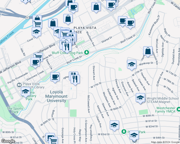 map of restaurants, bars, coffee shops, grocery stores, and more near 7530 McConnell Avenue in Los Angeles