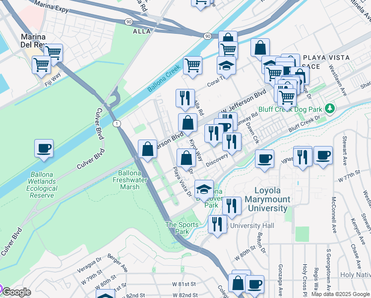 map of restaurants, bars, coffee shops, grocery stores, and more near 13173 Pacific Promenade in Los Angeles