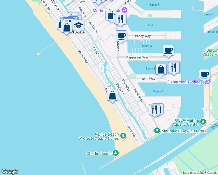 map of restaurants, bars, coffee shops, grocery stores, and more near 4403 Ocean Front Walk in Marina del Rey