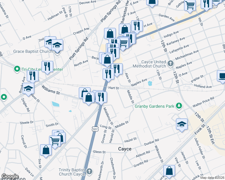 map of restaurants, bars, coffee shops, grocery stores, and more near 1524 Hopkins Street in Cayce