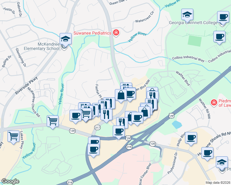 map of restaurants, bars, coffee shops, grocery stores, and more near 649 Greenvale Road Northwest in Lawrenceville