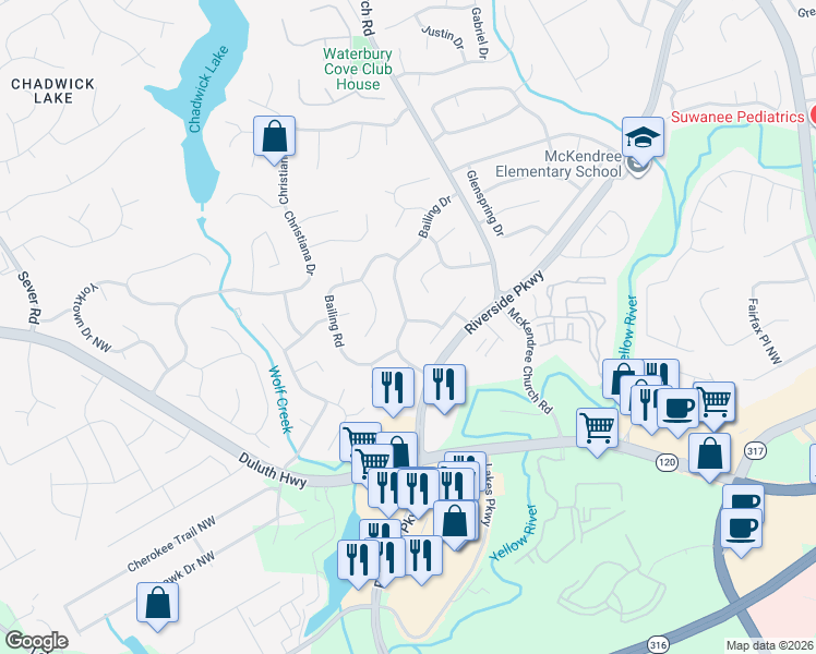 map of restaurants, bars, coffee shops, grocery stores, and more near 1171 Bailing Drive in Lawrenceville