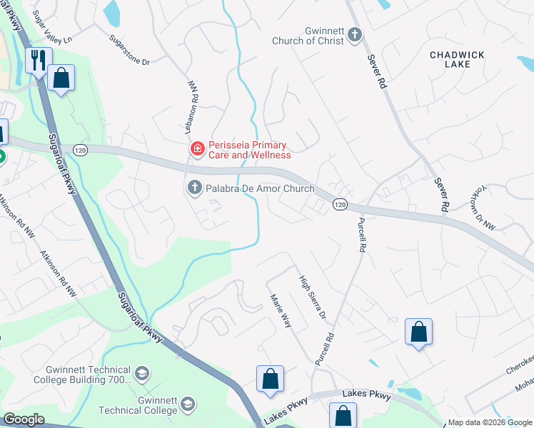 map of restaurants, bars, coffee shops, grocery stores, and more near 1675 Tailmore Lane Northwest in Lawrenceville