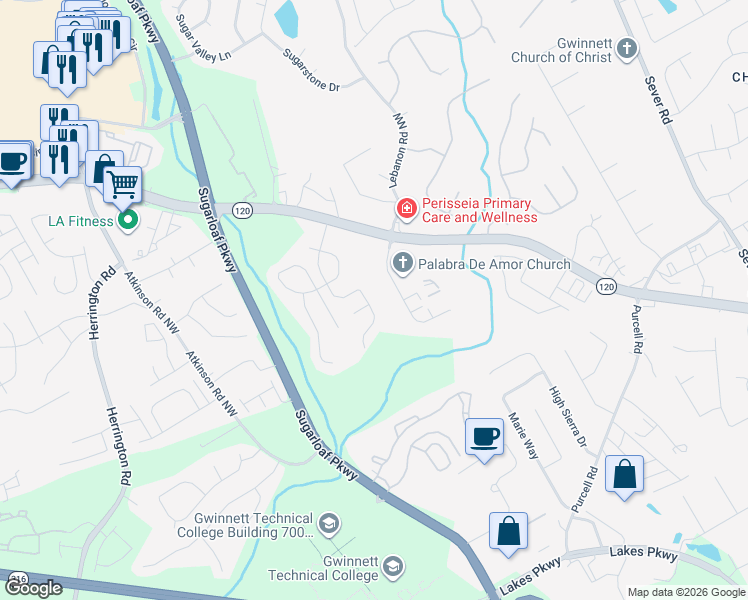 map of restaurants, bars, coffee shops, grocery stores, and more near 1571 Dehaven Court in Lawrenceville