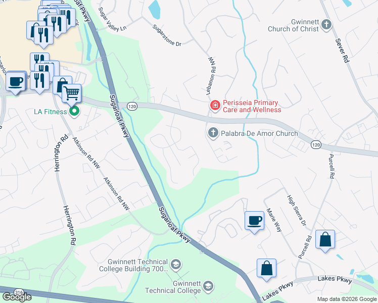 map of restaurants, bars, coffee shops, grocery stores, and more near 1571 Dehaven Court in Lawrenceville