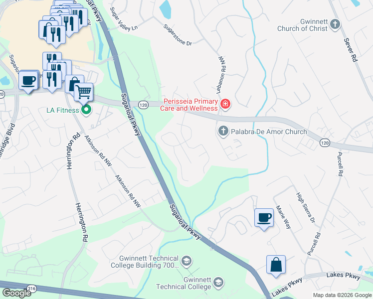 map of restaurants, bars, coffee shops, grocery stores, and more near 1575 Margate Court Northwest in Lawrenceville