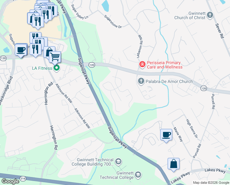 map of restaurants, bars, coffee shops, grocery stores, and more near 1575 Margate Court Northwest in Lawrenceville