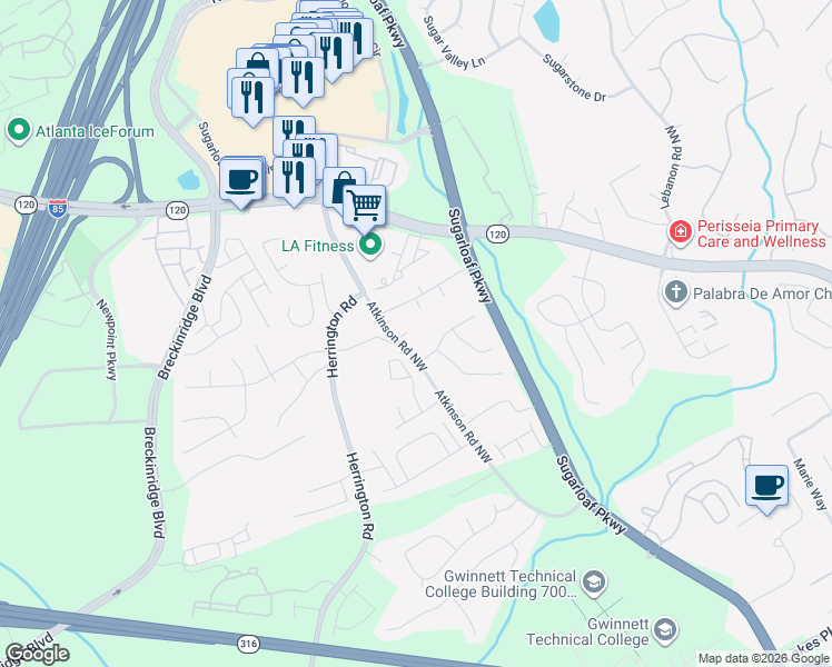 map of restaurants, bars, coffee shops, grocery stores, and more near 1970 Westfield Drive Northwest in Lawrenceville