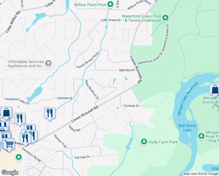 map of restaurants, bars, coffee shops, grocery stores, and more near 914 Forest Pond Drive in Marietta