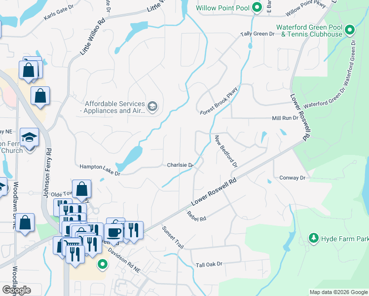map of restaurants, bars, coffee shops, grocery stores, and more near 921 Richmond Hill Drive in Marietta