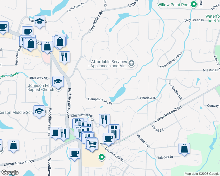 map of restaurants, bars, coffee shops, grocery stores, and more near 4922 Lakeland Drive in Marietta
