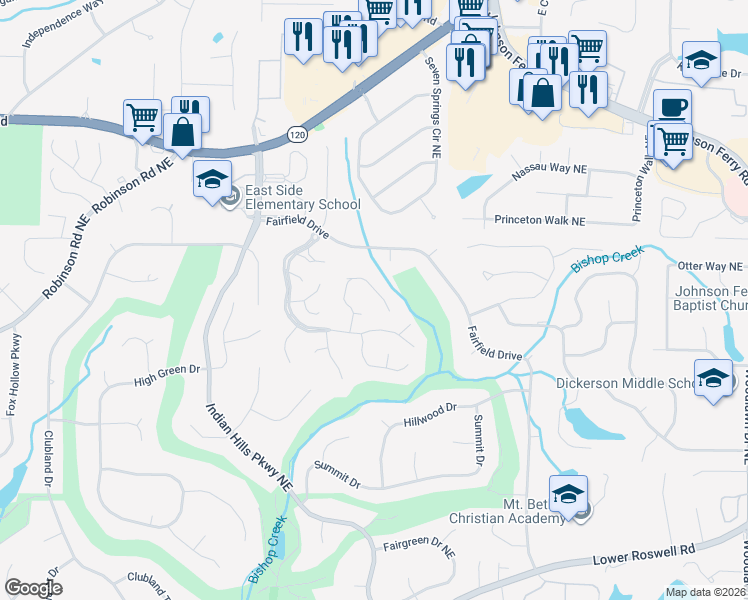 map of restaurants, bars, coffee shops, grocery stores, and more near 4069 Audubon Drive in Marietta