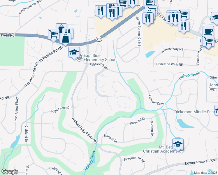 map of restaurants, bars, coffee shops, grocery stores, and more near 927 Muirfield Drive Northeast in Marietta