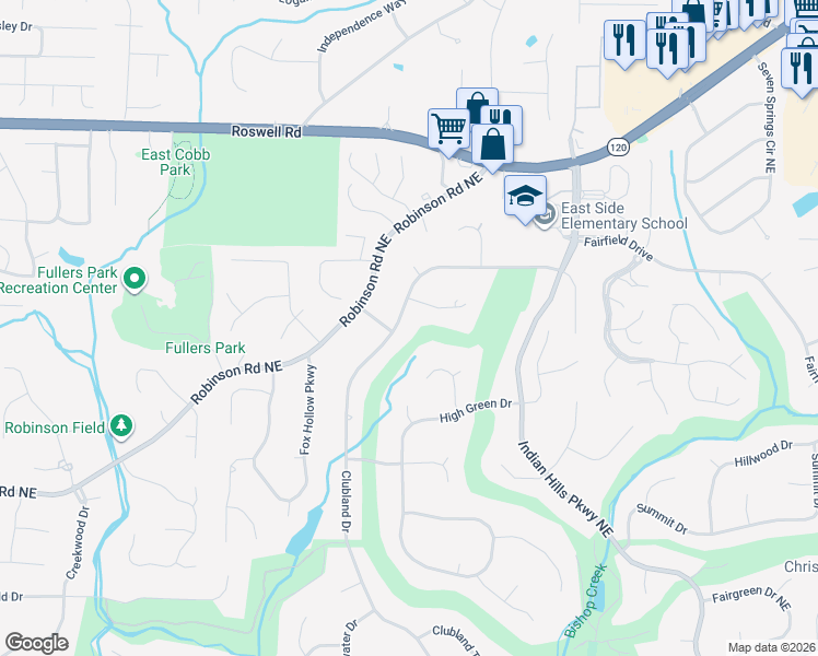 map of restaurants, bars, coffee shops, grocery stores, and more near 3487 Clubland Drive in Marietta