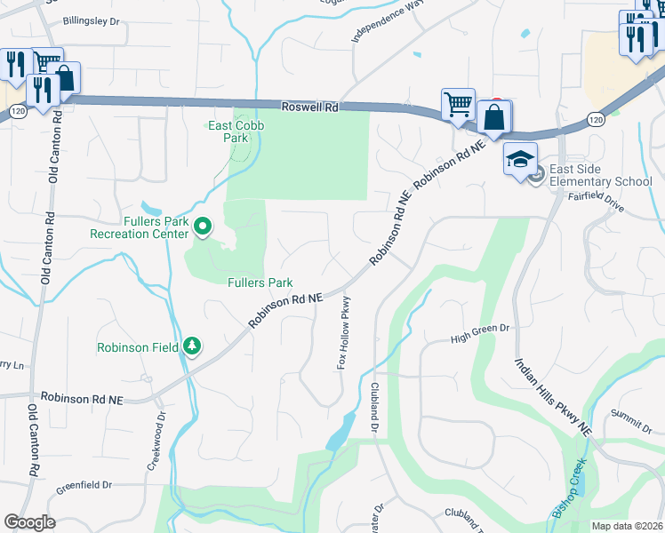 map of restaurants, bars, coffee shops, grocery stores, and more near 3530 Hidden Hollow Court Northeast in Marietta