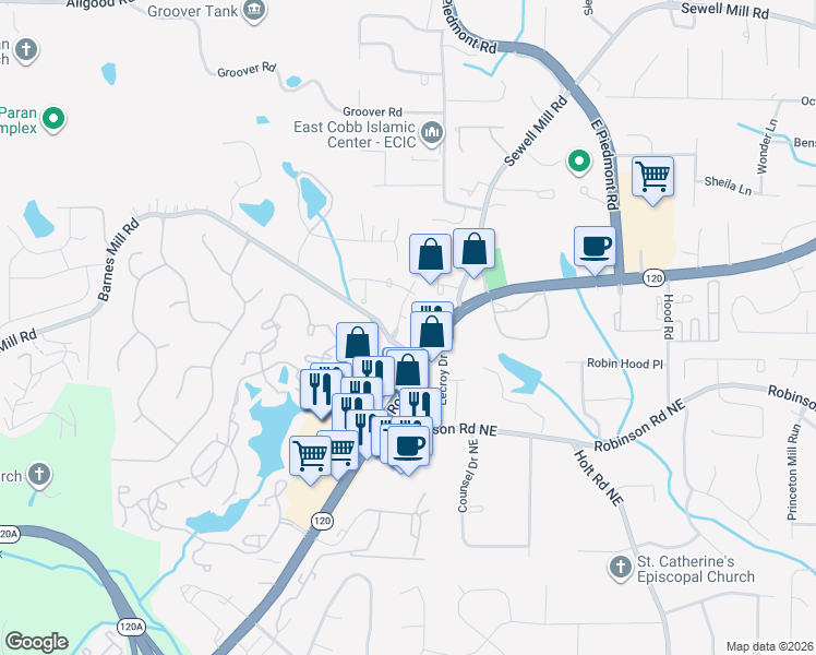 map of restaurants, bars, coffee shops, grocery stores, and more near 2243 Roswell Road in Marietta