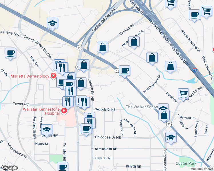 map of restaurants, bars, coffee shops, grocery stores, and more near 830 Caldwell Circle in Marietta