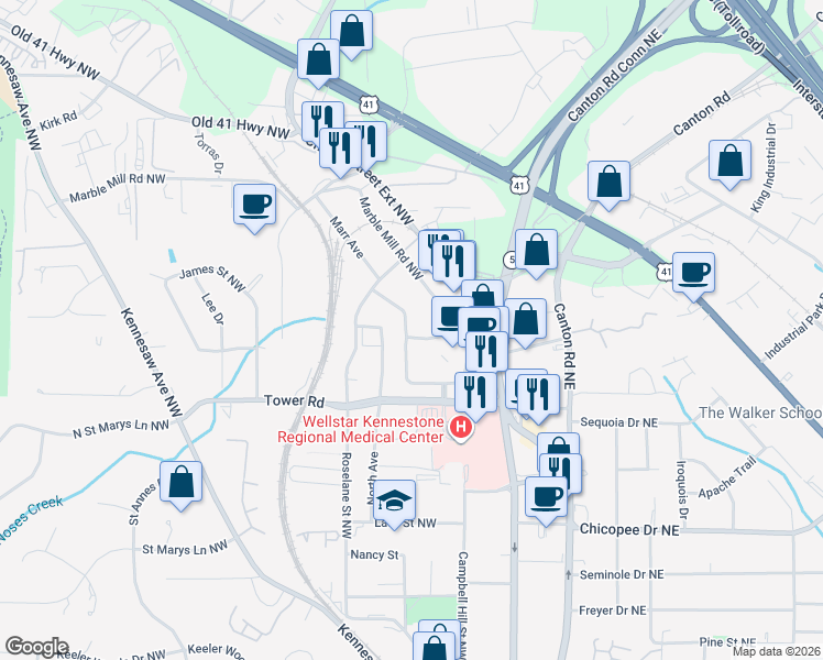map of restaurants, bars, coffee shops, grocery stores, and more near 115 Florance Street in Marietta