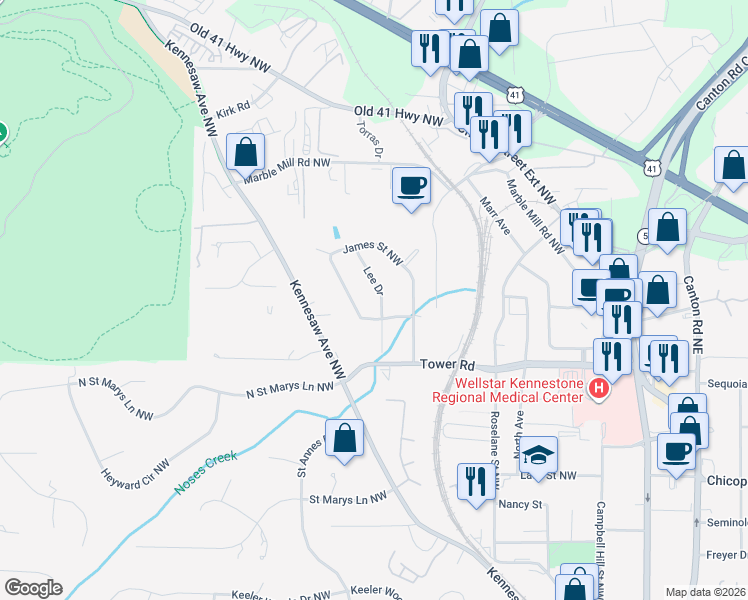 map of restaurants, bars, coffee shops, grocery stores, and more near 1056 James Street Northwest in Marietta