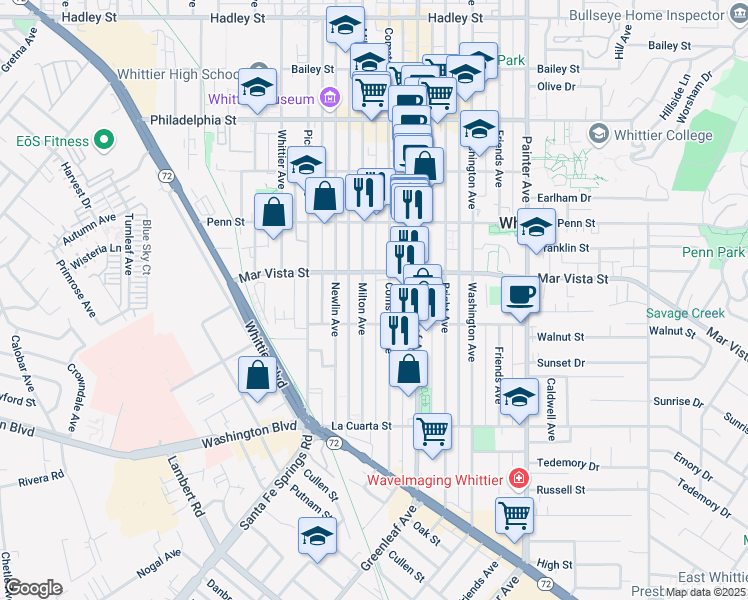 map of restaurants, bars, coffee shops, grocery stores, and more near 7630 Milton Avenue in Whittier