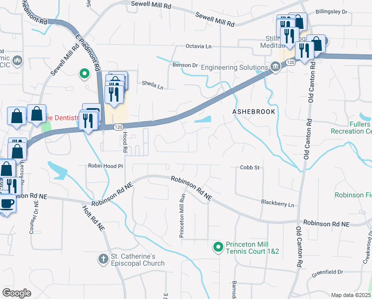 map of restaurants, bars, coffee shops, grocery stores, and more near 2587 Grist Mill Road in Marietta