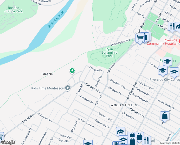 map of restaurants, bars, coffee shops, grocery stores, and more near 4725 Elmwood Court in Riverside
