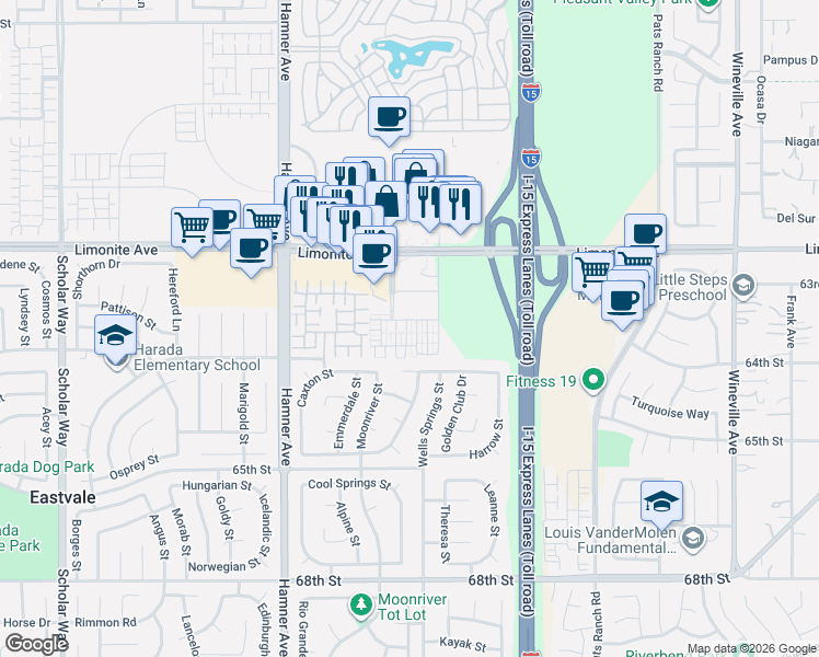 map of restaurants, bars, coffee shops, grocery stores, and more near 6381 Peacock Court in Eastvale