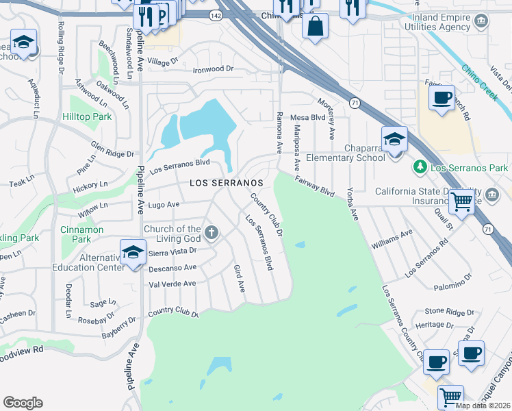 map of restaurants, bars, coffee shops, grocery stores, and more near 4426 Los Serranos Boulevard in Chino Hills