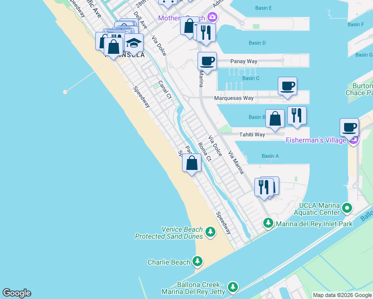 map of restaurants, bars, coffee shops, grocery stores, and more near 4403 Ocean Front Walk in Marina del Rey