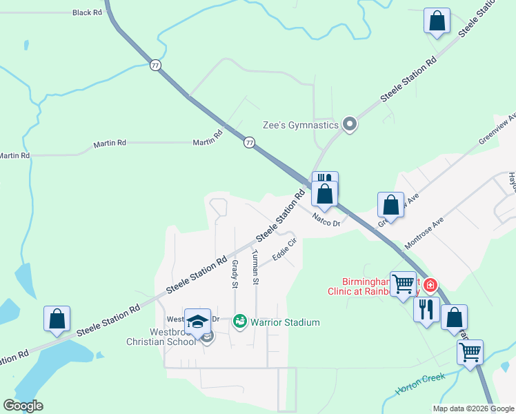 map of restaurants, bars, coffee shops, grocery stores, and more near 1320 Steele Station Road in Rainbow City