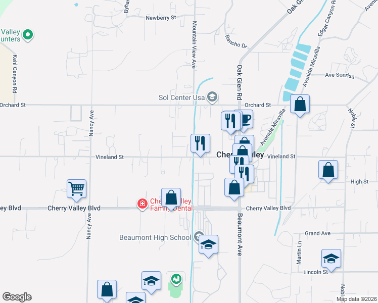 map of restaurants, bars, coffee shops, grocery stores, and more near 38992 Vineland Street in Cherry Valley