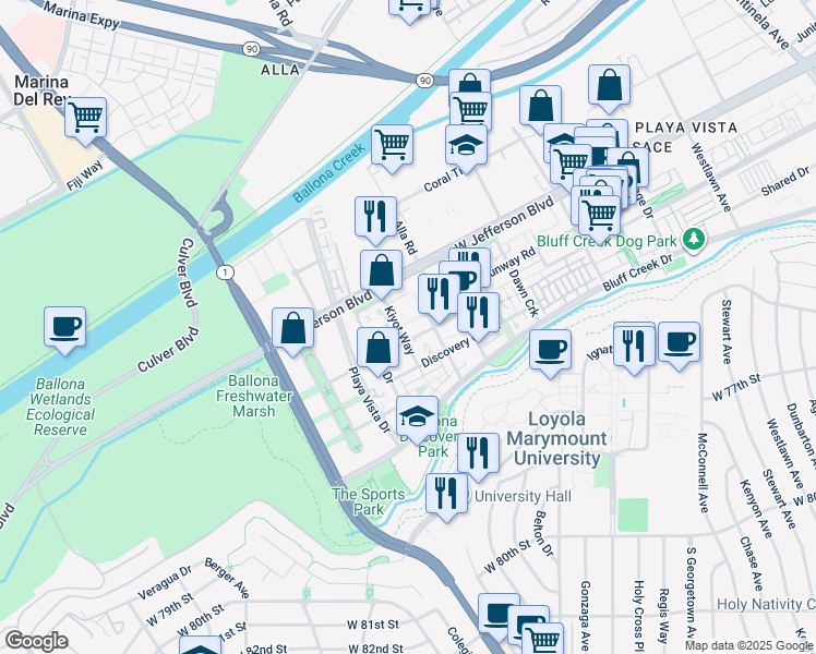 map of restaurants, bars, coffee shops, grocery stores, and more near 13045 Pacific Promenade in Los Angeles