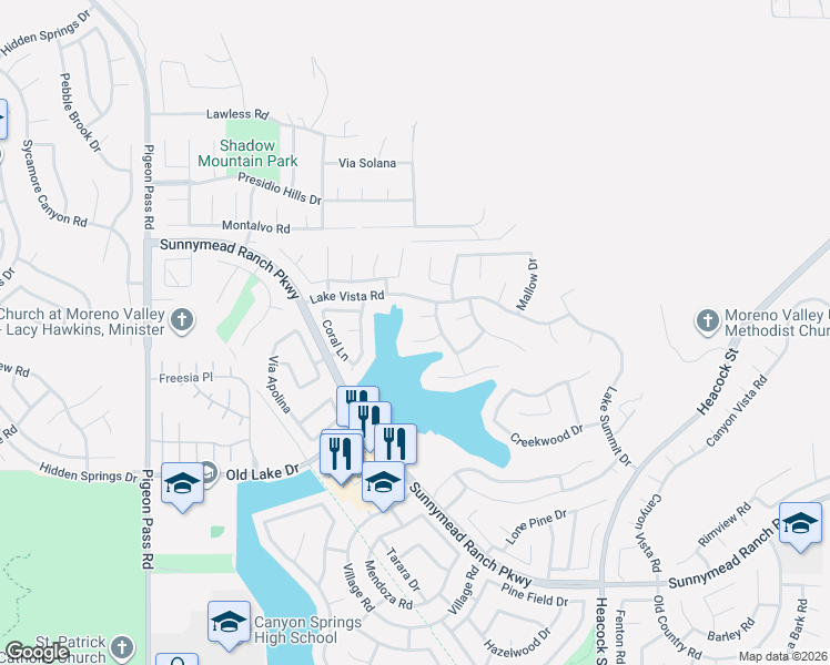 map of restaurants, bars, coffee shops, grocery stores, and more near 23663 Narcissus Circle in Moreno Valley