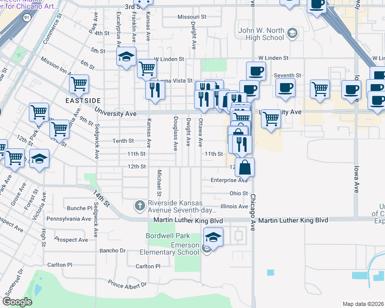 map of restaurants, bars, coffee shops, grocery stores, and more near 4187 Dwight Avenue in Riverside
