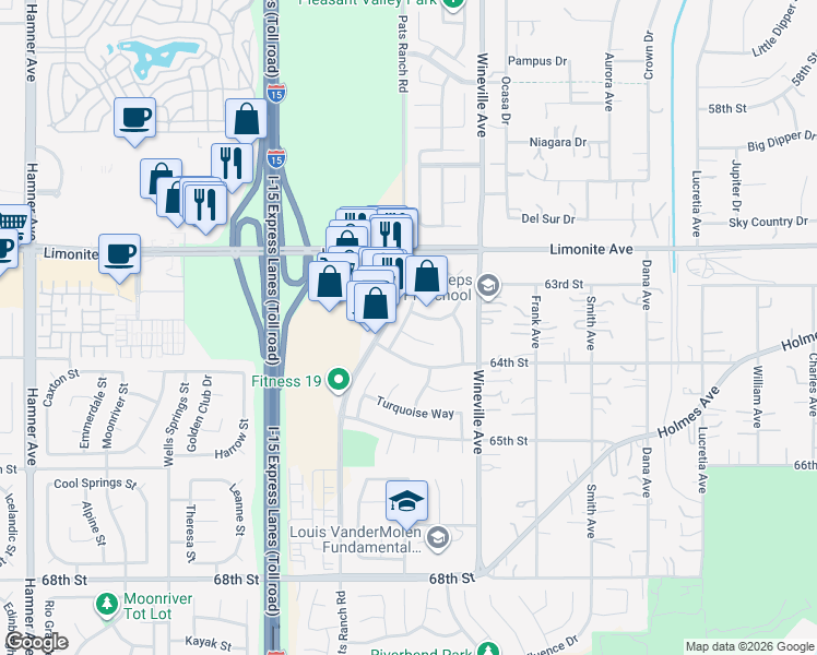 map of restaurants, bars, coffee shops, grocery stores, and more near 11921 Sunstone Court in Jurupa Valley